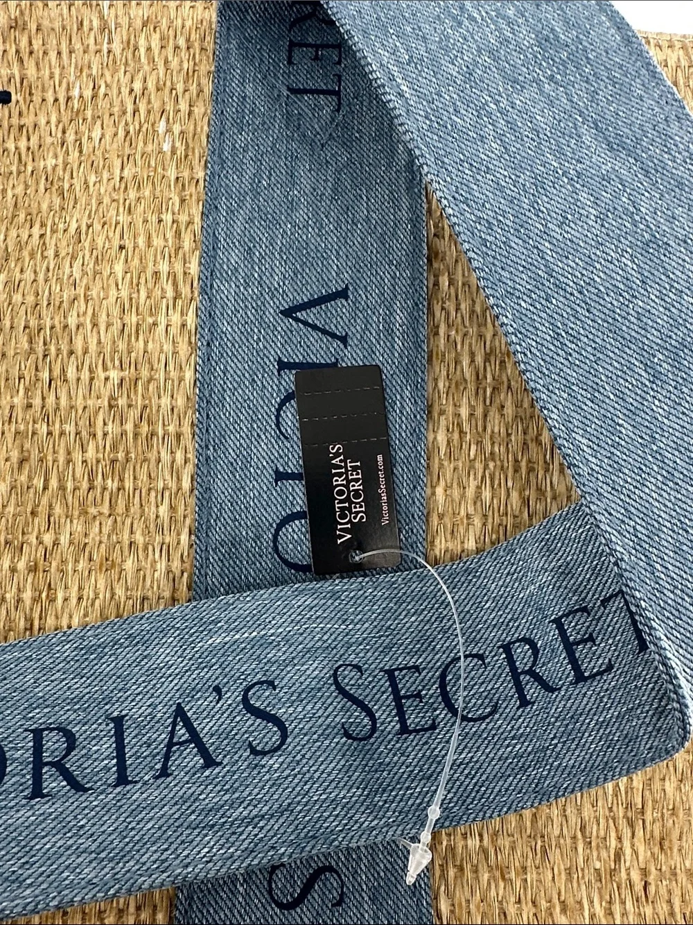 Victoria's Secret Natural Straw Tote with Denim Blue Straps